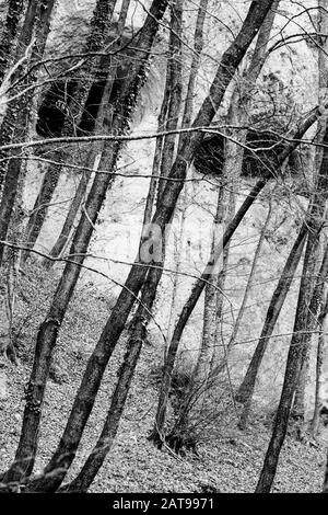 In die Bergwand gehauene uralte Höhlen Stockfoto