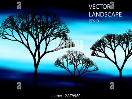 Beautiful Vector Afterglow Savannah Landscape - Blick mit schwarzer Silhouette von Bäumen und Himmel Stock Vektor