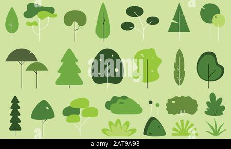 Icon Set bestehend aus verschiedenen Bäumen, Sträuchern und Büschen. Die Vektoren sind ein flacher Artstil. Kann separat verwendet werden, um Naturbilder zu erstellen. Stock Vektor