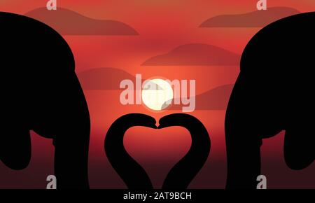 Ein Paar Silhouetten von Elefanten, die ein Herz mit rotem Hintergrund am Himmel des Sonnenuntergangs bilden Stock Vektor