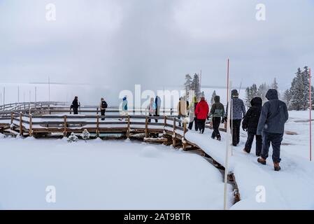 Ein Reiseleiter führt im Winter eine Gruppe von Besuchern auf einem Boardwalk an. Yellowstone National Park, Wyoming, USA Stockfoto