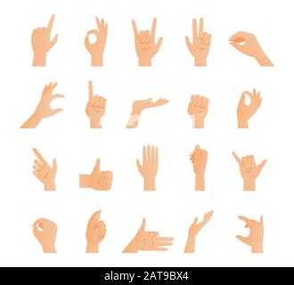 Satz Hände in verschiedenen Gesten. Schilder Sammlung, Arme zeigen unterschiedliche Emotionen flache Vektorgrafiken isoliert auf weiß. Gestenarm - Stopp, Daumen nach oben, Fingerzeiger, okay, wie und andere. Stock Vektor