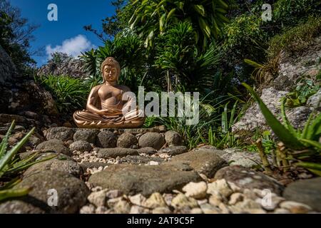 Goldene Buddha-Statue in einem Garten Stockfoto