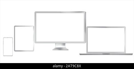 Satz realistischer Computermonitore, Laptops, Tablets und Mobiltelefone. Elektronische Geräte, isoliert, auf weißem Hintergrund Stock Vektor