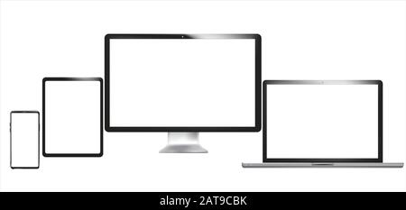 Satz realistischer Computermonitore, Laptops, Tablets und Mobiltelefone. Elektronische Geräte, isoliert, auf weißem Hintergrund Stock Vektor