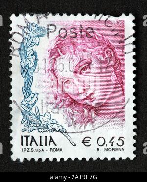 Italienische Briefmarke, poste Italia verwendete und frankierte Briefmarke, Italia E0.45 Roma R.morena Stockfoto