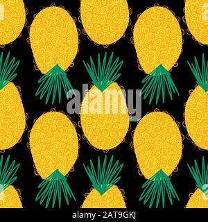 Ananas nahtloses abstraktes Muster. Zeitgenössischer Vektor-Sommer-Hintergrund. Wiederholte tropische Ananas auf Schwarz. Handgezogene exotische Früchte isoliert Stock Vektor