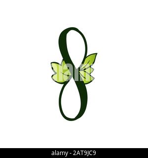Grünes Eco-Alphabet Nummer Acht Zeichen.Typ mit Blättern. Isoliertes Lateinisches Großbuchstaben. Typografie Bold Spring Letter oder Doodle ABC Zeichen für Monogramm-Wörter und Logo. Stock Vektor