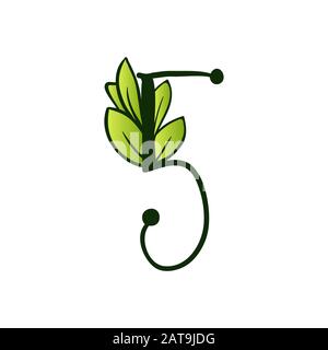 Grün Leuchtend Eco Alphabet Fünf Zahlen Zeichen.Typ mit Blättern. Isoliertes Lateinisches Großbuchstaben. Typografie Bold Spring Letter oder Doodle ABC Zeichen für Monogramm-Wörter und Logo. Stock Vektor