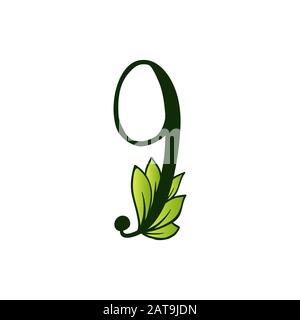 Grün Leuchtend Eco Alphabet Neun Zahlen.Typ mit Blättern. Isoliertes Lateinisches Großbuchstaben. Typografie Bold Spring Letter oder Doodle ABC Zeichen für Monogramm-Wörter und Logo. Stock Vektor