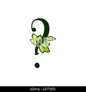 Grün Leuchtend Eco Alphabet Buchstabe Fragezeichen.Typ mit Blättern. Isoliertes Lateinisches Großbuchstaben. Typografie Bold Spring Letter oder Doodle ABC Zeichen für Monogramm-Wörter und Logo. Stock Vektor
