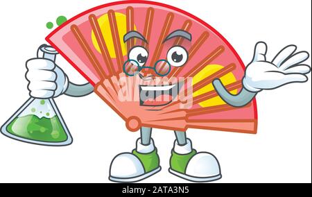 Smart Professor rot chinesisch Falten Fan Cartoon-Charakter mit Glasröhre Stock Vektor