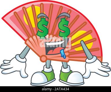 Fröhlicher, reicher rot-chinesischer Faltenfan mit Money Eye Cartoon Character Style Stock Vektor