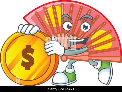 Reicher roter chinesischer Faltenfalt-Maskottchen-Cartoon-Design-Stil mit Goldmünze Stock Vektor
