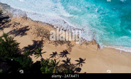 Luftaufnahme von hellblauem Wasser und Brandung mit Wellen, die in der Bonzai-Pipeline und im Sunset Beach Park an Nordufer, Haleiwa, Oahu, Hawaii, USA abstürzen. Stockfoto