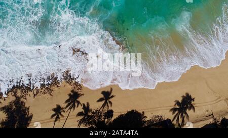 Luftaufnahme von hellblauem Wasser und Brandung mit Wellen, die in der Bonzai-Pipeline und im Sunset Beach Park an Nordufer, Haleiwa, Oahu, Hawaii, USA abstürzen. Stockfoto