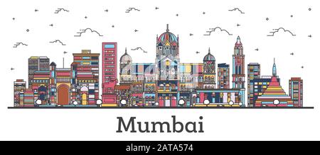 Umrisse Mumbai India City Skyline mit Farbgebäuden Isoliert auf Weiß. Vektorgrafiken. Bombay Stadtbild mit Sehenswürdigkeiten. Stock Vektor