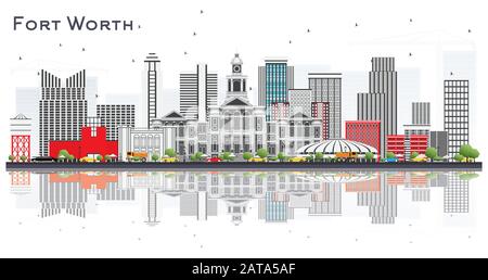 Fort Worth USA City Skyline mit grauen Gebäuden und Reflexionen Isoliert auf Weiß. Vektorgrafiken. Stock Vektor