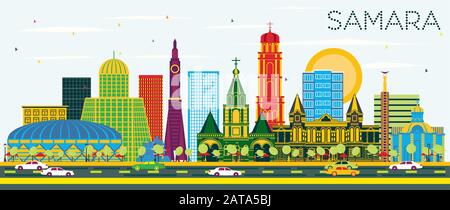 Samara Russland Skyline der Stadt mit Gebäuden und blauer Himmel. Vector Illustration. Business Travel und Tourismus Konzept mit moderner Architektur. Stock Vektor