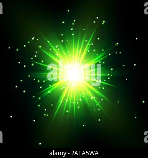 Grüner Glanz Starburst Flare Flash mit Sternstaub - Vektor strahlender Stern Stock Vektor