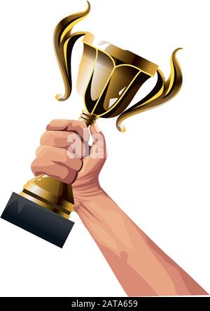 Hand mit goldenem Trophäensymbol, farbenfrohes Design Stock Vektor