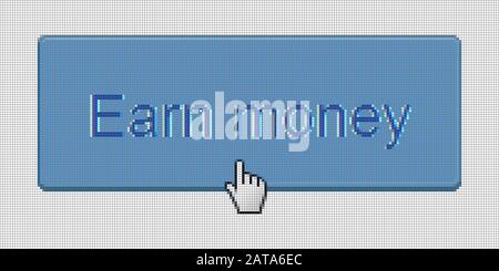 Nahaufnahme Von Hand Cursor und Website Verdienen Sie Geld Botton auf Dem Computer LCD Display Pixel Background - Vector Macro Image Digital Concept Stock Vektor