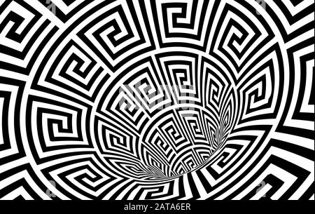 Geometric Black and White Abstract Hypnotic Worm-Hole Tunnel - Optical Illusion - Vector Illusion Meander Mustered Op Art Stock Vektor