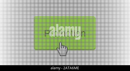 Closeup Hand Cursor und Website Green Promotion Button auf Dem Lcd-Bildschirm Pixel Background - Vector Macro Image Digital Concept Stock Vektor