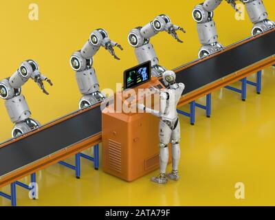 Automation factory Konzept mit 3D-rendering Cyborg in der Factory Stockfoto