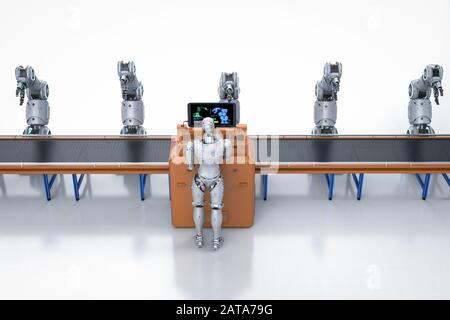 Automation factory Konzept mit 3D-rendering Cyborg in der Factory Stockfoto