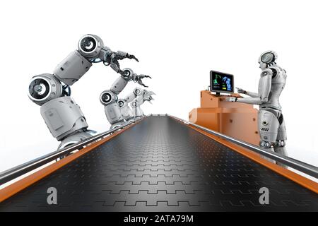 Automation factory Konzept mit 3D-rendering Cyborg in der Factory Stockfoto