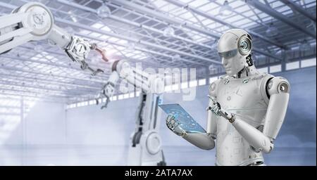 Automation factory Konzept mit 3D-rendering Cyborg in der Factory Stockfoto
