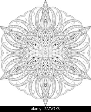 Vector Delicate Mandala Art - Outline Page Für Erwachsene - Openwork Six Beam Radial Symmetry Flourish Pattern Stock Vektor