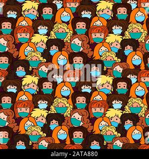 Viele Menschen in medizinischen Masken. Konzept des Zusammenhalts und der Einheitlichkeit der Weltgesellschaft und des Schutzes der Menschen vor neuen Pandemie-Bedrohungen wie V Stock Vektor