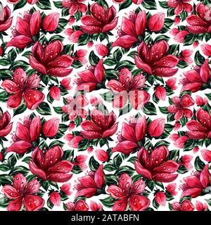 Japanische Kirsche oder rote Sakura. Rosafarbene Blumenzeichnungen. Nahtloses Aquarellmuster für Textil-Textil-Design oder Tapeten Stockfoto