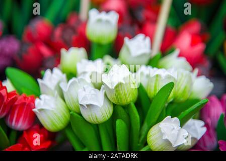 Bunte Holztulpen auf dem amsterdamer Blumenmarkt. Tulpen.Wooden Tulpen.Holland Stockfoto