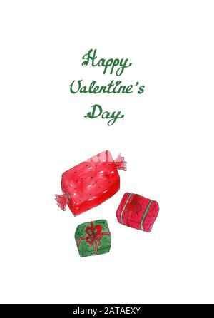 Aquarell Postkarte: Präsentiert Boxen und Redewendungen Happy Valentine's Day. Einfache Skizze Handzeichnen Illustration kann in Postkarten, Grußkarten, Bannern, Drucken, Feiern usw. verwendet werden Stockfoto