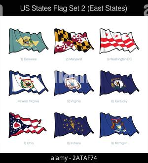 Flaggensatz für US-Oststaaten. Das Set umfasst die schwenkenden Flaggen von Washington DC, Maryland, Delaware, West Virginia, Virginia, Kentucky, Ohio, Indiana n Mi Stock Vektor