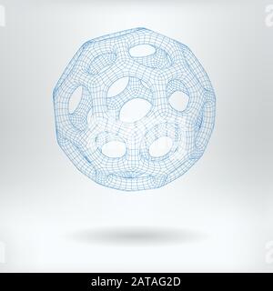 Vector 3D Mesh Hexagonales Buckminsterfulleren-Kohlenstoff-Konzeptsymbol - Abgeschnitten Ikosaeder Nanopartikel wissenschaftliches Fulleren-Bild Stock Vektor