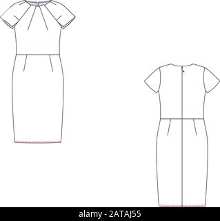 Technische Skizze der Vektormode von Frauen Mittelsundress. Stock Vektor