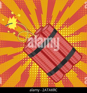 Bombensymbol auf rotem Halbtonhintergrund. Detonate Dynamite Konzept. TNT Red Stick. Blitz Explodieren, Explosion Verbrennen. Stockfoto