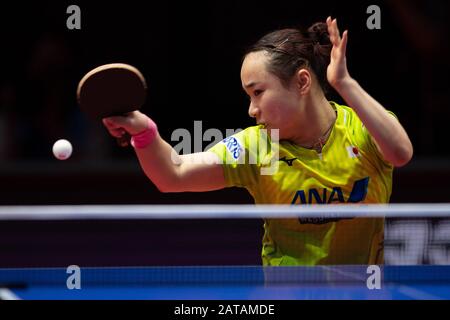 Magdeburg, Deutschland. Februar 2020. Tischtennis: German Open, Damen, Einzel, Viertelfinale, Ito (Japan) - Ding (China). Mima Ito in Aktion. Kredit: Swen Pförtner / dpa / Alamy Live News Stockfoto