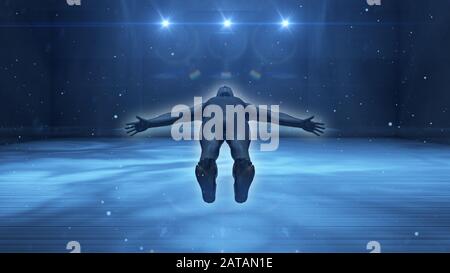 Futuristische 3D-Illustration eines hochfliegenden Astronauten, der über die Erdwolken in blauem Himmel fliegt und meditiert, mit drei großen Sternen im freien Raum. Stockfoto