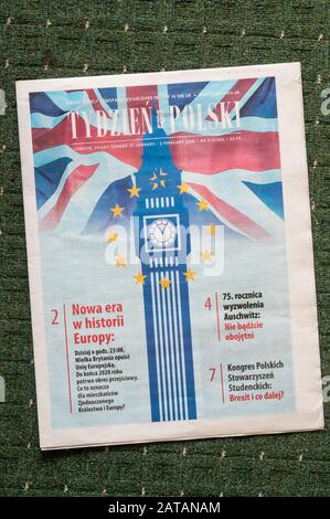 Die Titelseite der englischen polnischen Zeitung Tydzien Polski, am Tag, an dem Großbritannien die Europäische Union verlässt. Stockfoto