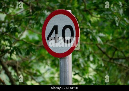 Nahaufnahme eines britischen Straßenschildes mit einer Geschwindigkeit von 40 km/h und einem natürlichen grünen Hintergrund Stockfoto