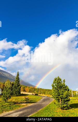 Wunderschöner Doppelregenbogen über Wald in der Stadt Vysoke Tatry in Den Bergen Der Hohen Tatra, Slowakei Stockfoto