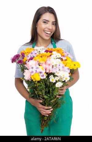 Hispanische weibliche Blumenverkäuferin mit grüner Schürze isoliert auf weißem Hintergrund für Ausschneiden Stockfoto