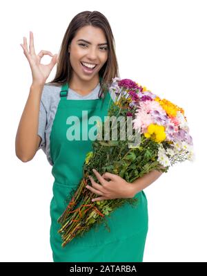 Schöne weibliche Blumenverkäuferin mit grüner Schürze isoliert auf weißem Hintergrund für Ausschneiden Stockfoto