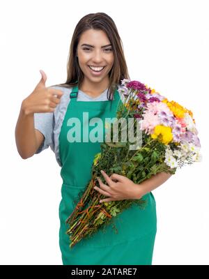 lateinamerikanische weibliche Blumenverkäuferin mit grüner Schürze, isoliert auf weißem Hintergrund für den Schnitt Stockfoto