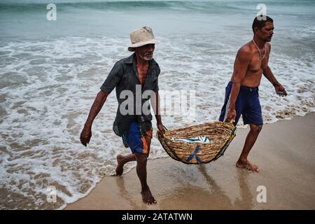 Zwei srilankische Männer, die Fische in einem Bambo-Korb am Trincomalee Strand tragen und im Ozean waschen. Stockfoto